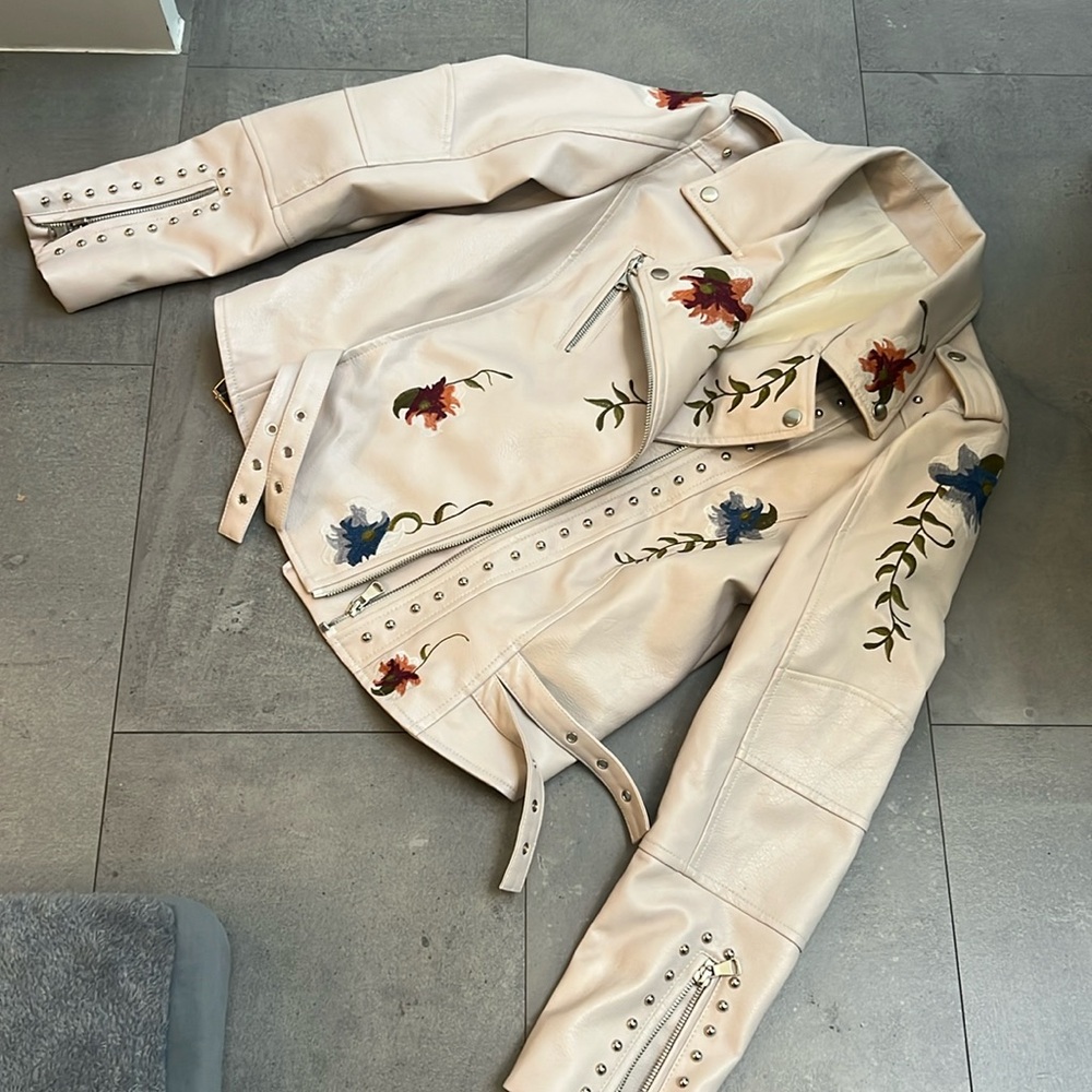LY VAREY LIN Women's Floral Embroidered Faux Leather Moto PU Jacket Coat